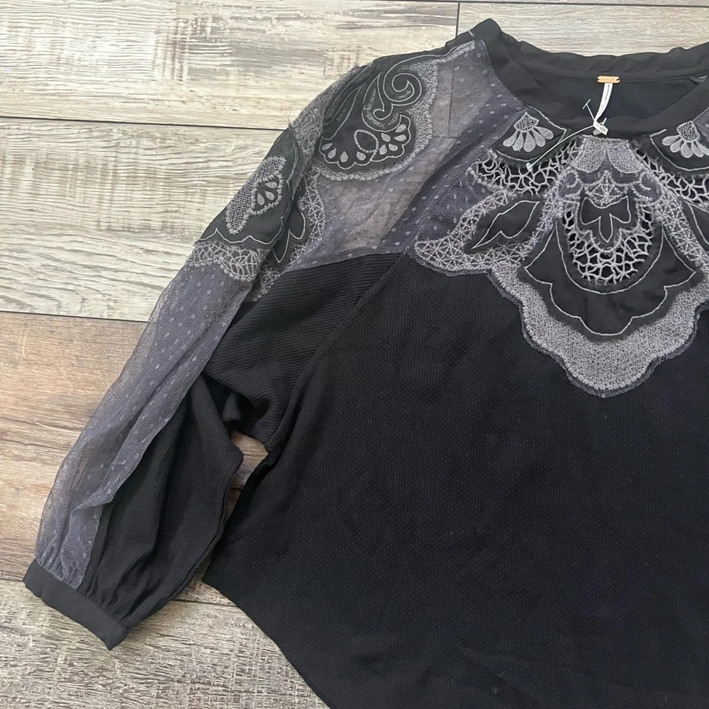 NWOT Free People Toni Sheer Embroidered Crochet Lace Thermal Top size xs